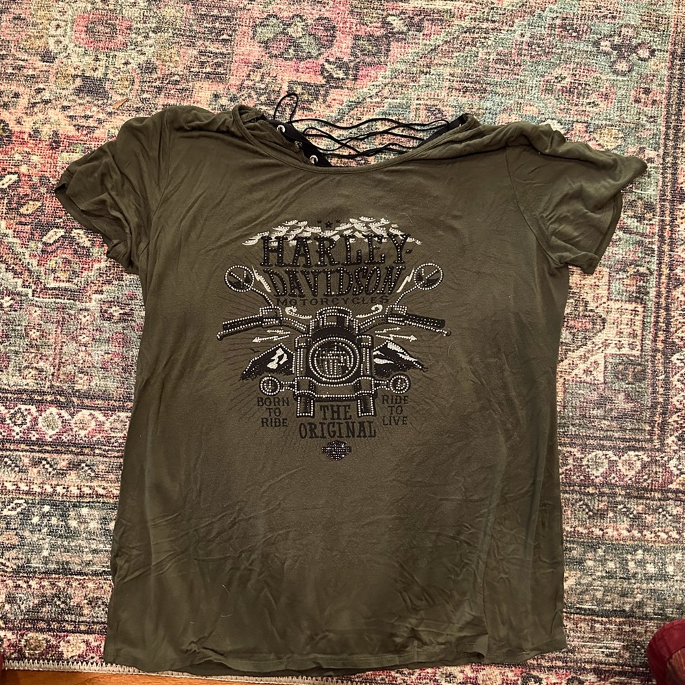 SUPER BLINGY!! Dark green and black Harley Davidson loose fitting t-shirt